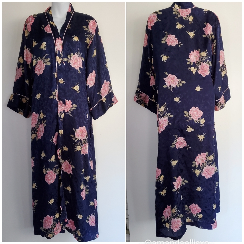 Vintage Christian Dior for Saks Fifth Avenue Pink Rose Floral Satin Kimono Robe